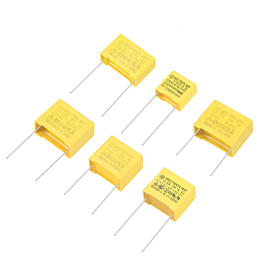 Polypropylene Safety Capacitors Assortment Kit DIP 275VAC X2 MKP 6 Value - 0.1uF 0.15uF 0.22uF 0.33uF 0.47uF 0.68uF 30 Pcs