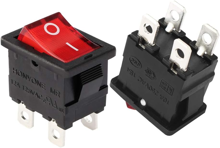 10Pcs AC 12A/125V 10A/250V DPST 4 Pin 2 Position I/O Red Lamp Toggle Light Boat Rocker Switch On Off Button