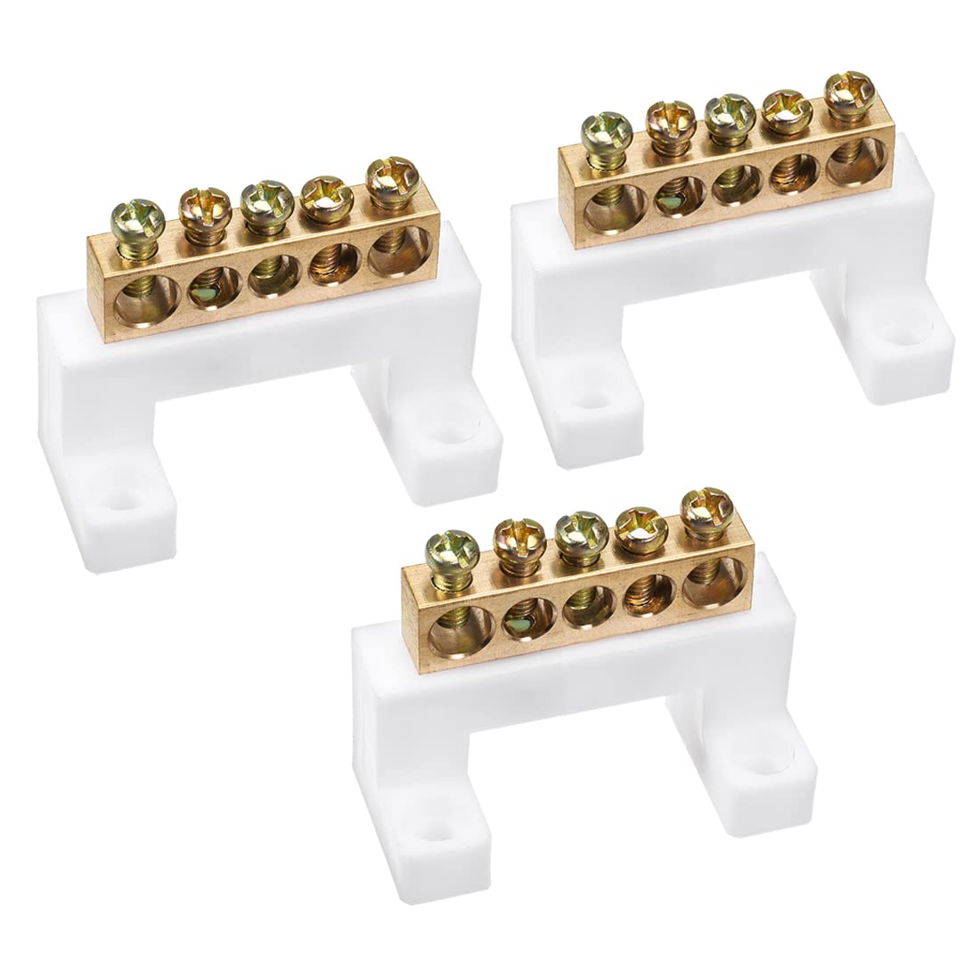 Copper Screw Terminal Block Connector Bar 100A Double Row Bridge Shape Ground Wire 5 Positions 3 Pcs