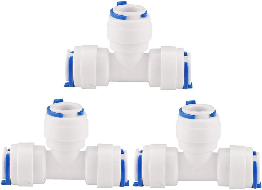 3/8 inches OD Tee-type Quick Connect Water Purifiers Tube Fittings Push in to Connector Filter RO Tubing Connector for RO Reverse Osmosis System 3pcs