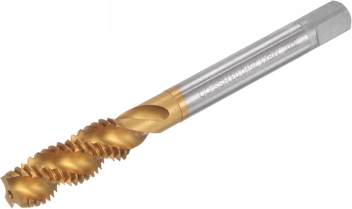 Spiral Flute Taps, M8 x 1.25 + 0.03 Metric Titanium Coated Cobalt High Speed Steel Machine Thread Milling Screw Threading Tap