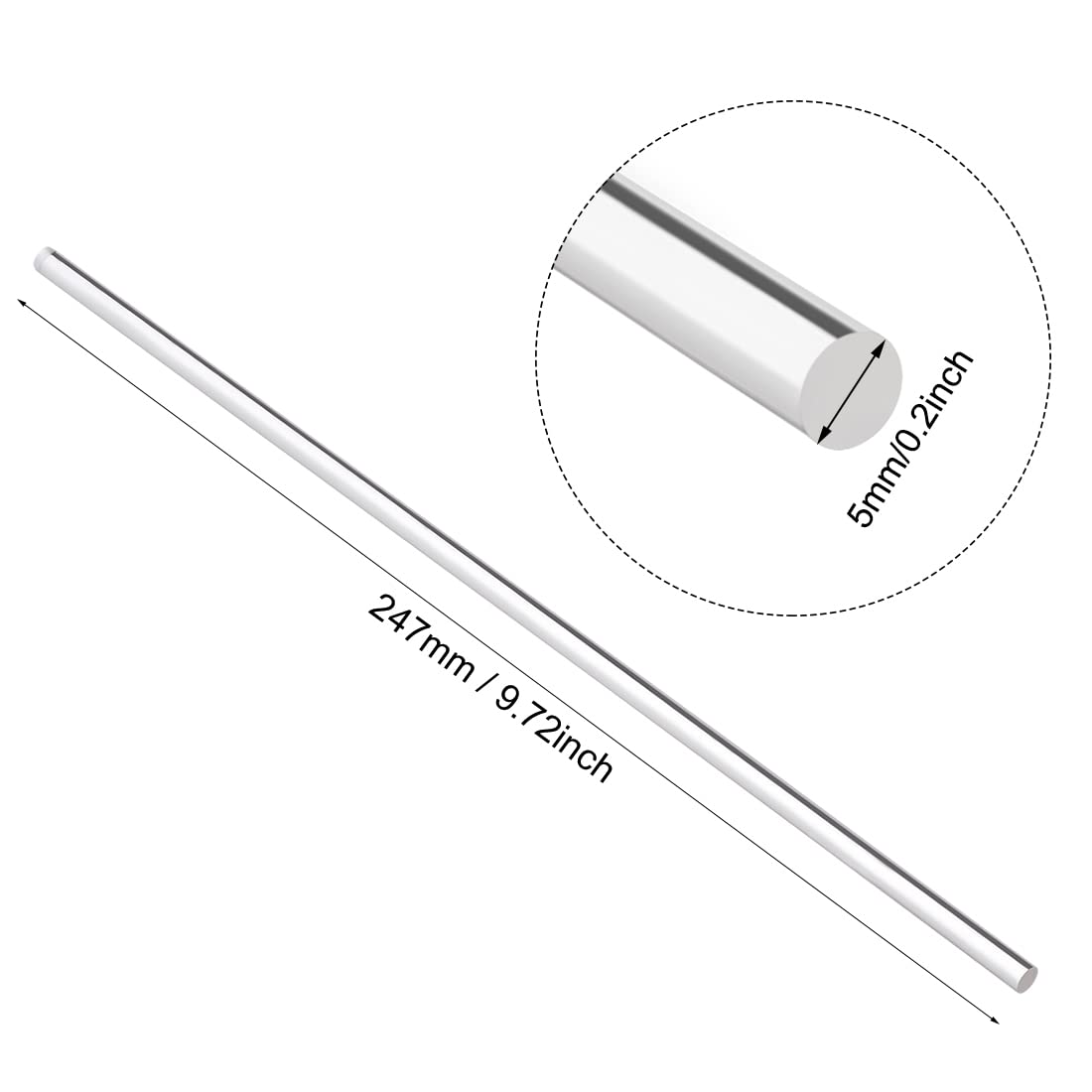 Akrili ümmärne varsi, selge, 0,2 toppi läbimäärä, 10 tommi(247 mm) pikkus, täielik plastik PMMA varte, 4 tk