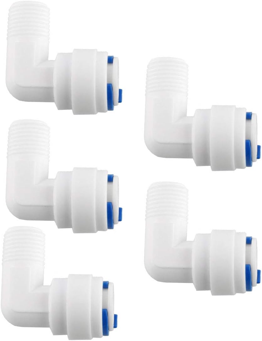 1/4 Inch BSP Male to 3/8 Inch OD Elbow Quick Connect Water Purifiers Tube Fittings Push in to Connector Filter RO Tubing Connector for RO Reverse Osmosis System 5pcs