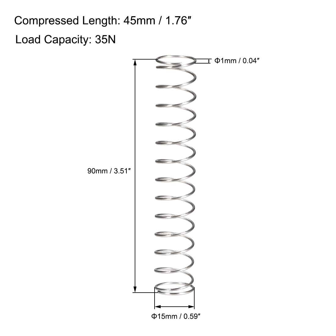 Compressieveer, 304 RVS, 15mm OD, 1mm Draadmaat, 45mm Comprimeerde Lengte, 90mm Vrije Lengte, 35N Belastingscapaciteit, Zilverkleur, 10 stuks