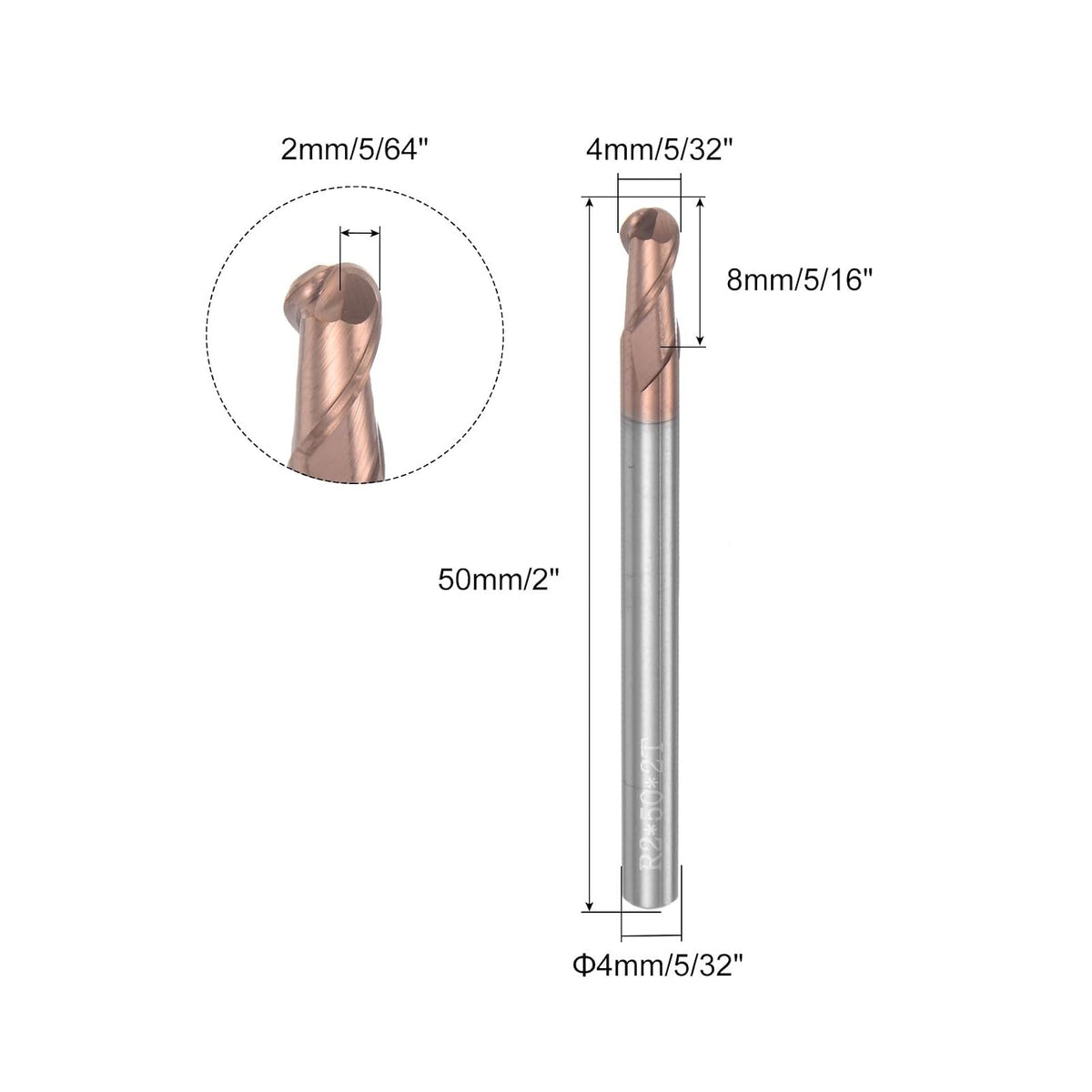2pcs 볼 노즈 엔드 밀링 CNC 라우터 비트, 2mm (5/64") 라디우스 실리콘 타이타늄 코팅 2 플루트 HRC55 4mm (5/32") 지름 4mm (5/32") 샌크 컷터 밀링 도구
