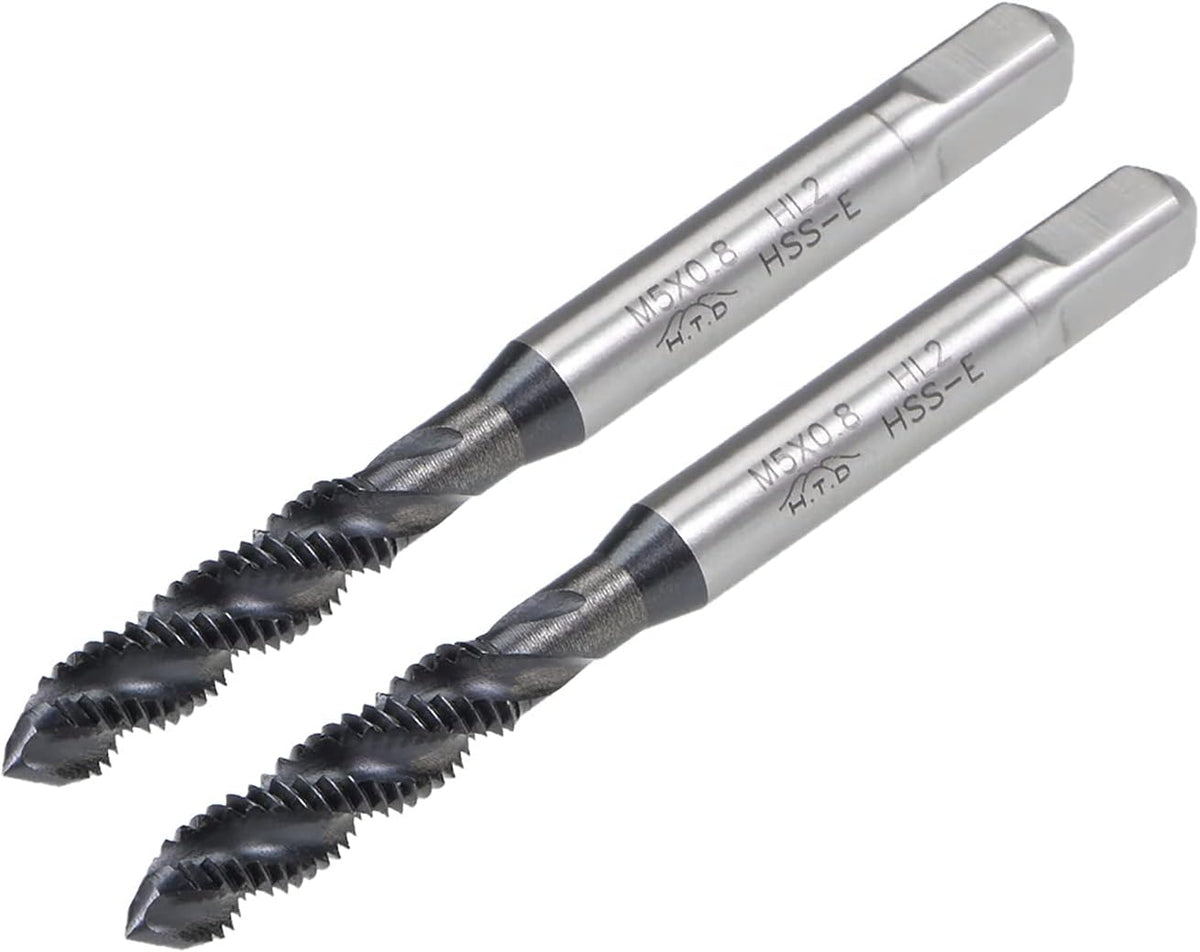 M5 x 0.8 Spiral Flute Thread Tap, Metric Machine Threading Tap HSS Nitriding Coated, Round Shank with Square End, H2 Tolerance, 2pcs