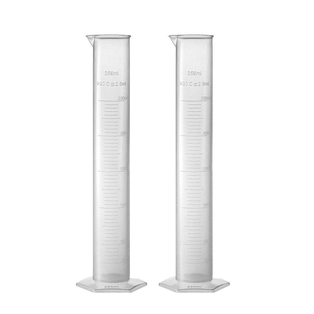 Plastic Graduated Cylinder, 250ml Measuring Cylinder, Science Test Tube Beakers, Single Metric Scale, Clear Hex Base Flask for Lab Home 2pcs