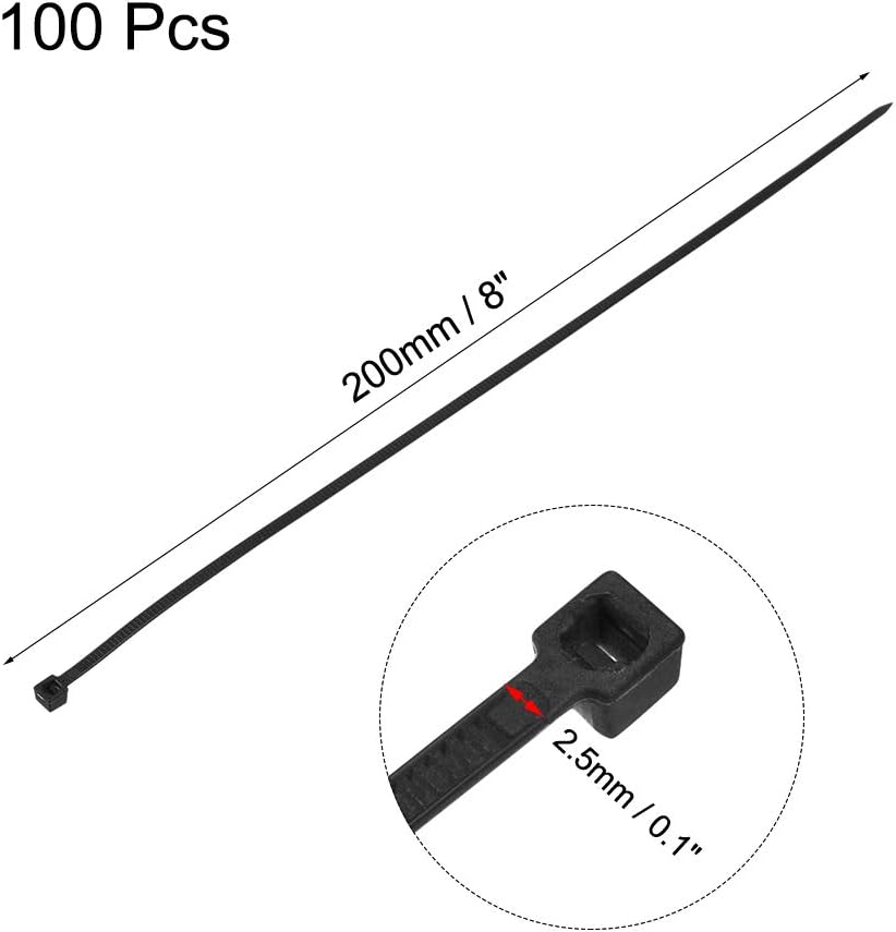 Cabluri Zip Ties din Nylon, Banda de Fixare pentru Furtunuri și Cabluri 8 Inch, Utilitar, Negru, 100 bucăți
