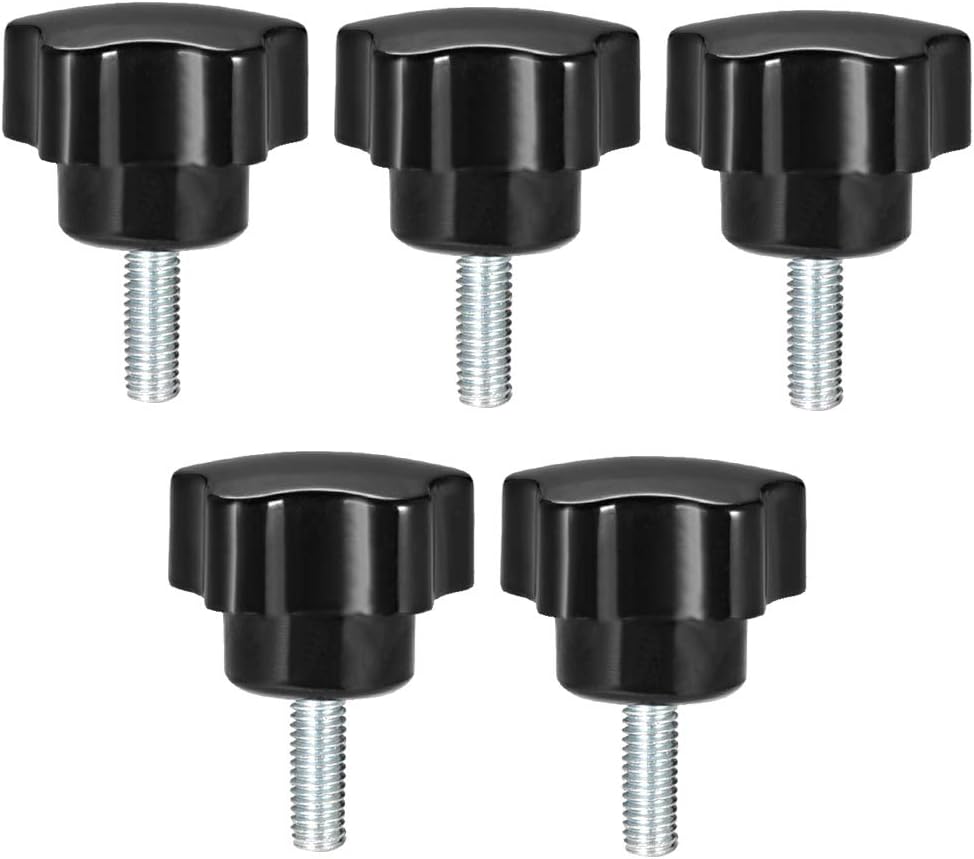 5 Pcs Star Knobs Grips M6 x 20mm Male Thread Steel Zinc Stud Black PP