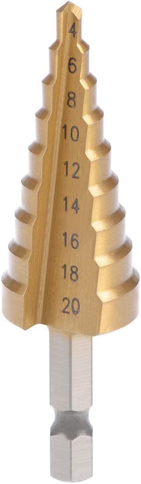 Step Drill Bit HSS 4241 4mm to 20mm 9 Sizes Titanium Coated Straight Flutes Hex Shank for Metal Wood Plastic