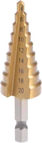 Step Drill Bit HSS 4241 4mm to 20mm 9 Sizes Titanium Coated Straight Flutes Hex Shank for Metal Wood Plastic