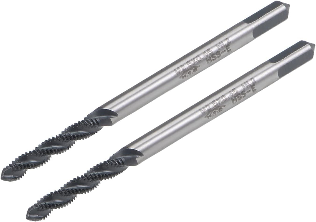 M2.5 x 0.45 Spiral Flute Thread Tap, Metric Machine Threading Tap HSS Nitriding Coated, Round Shank with Square End, H2 Tolerance, 2pcs