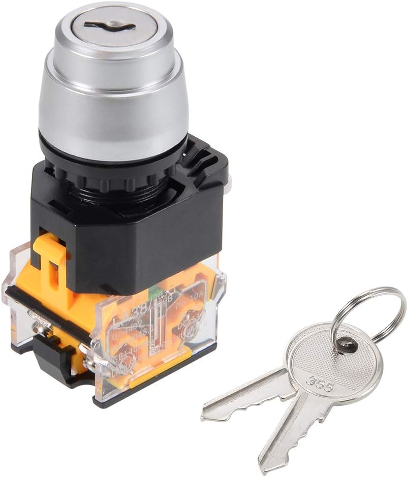 1 Pcs 22mm 2 Position Key Locking Push Button Switch with Keys Silver Tone NO/NC