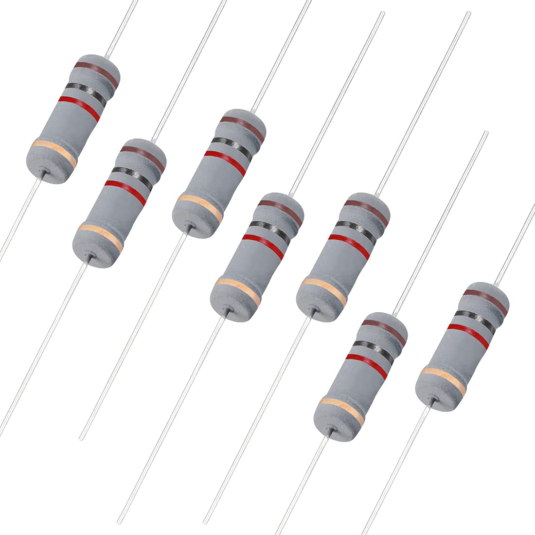 50Pcs 1K Ohm Resistor, 2W 5% Tolerance Carbon Film Resistors, 4 Bands for DIY Electronic Projects and Experiments