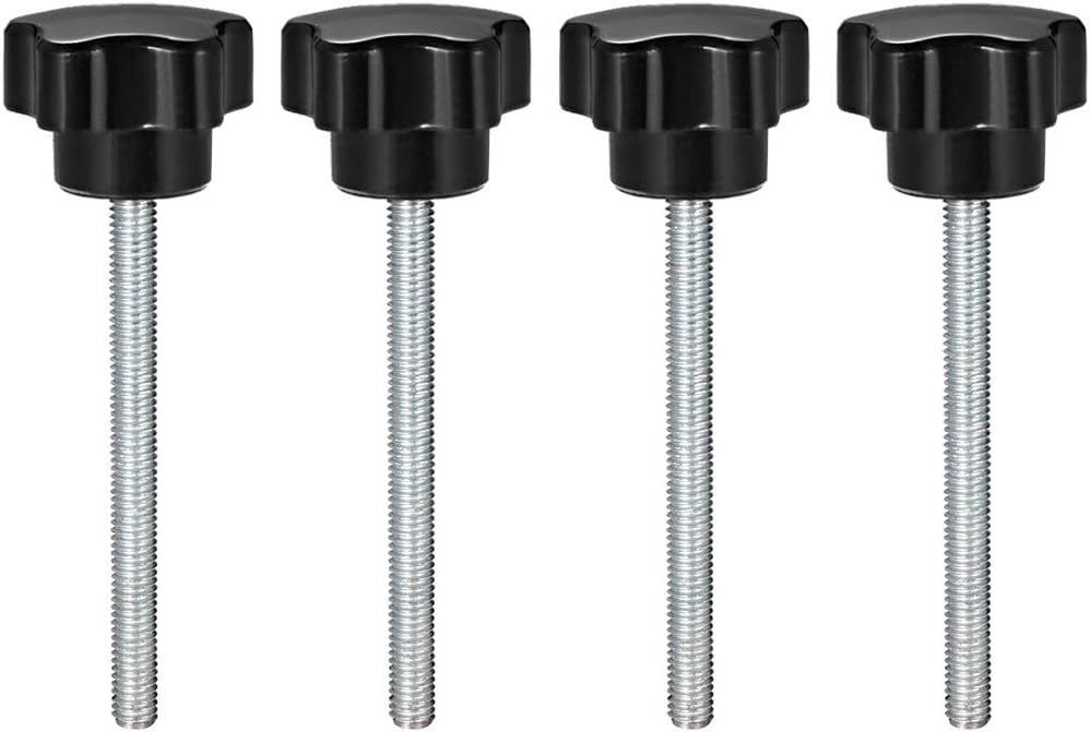 4 Pcs Star Knobs Grips M6 x 70mm Male Thread Steel Zinc Stud Black PP
