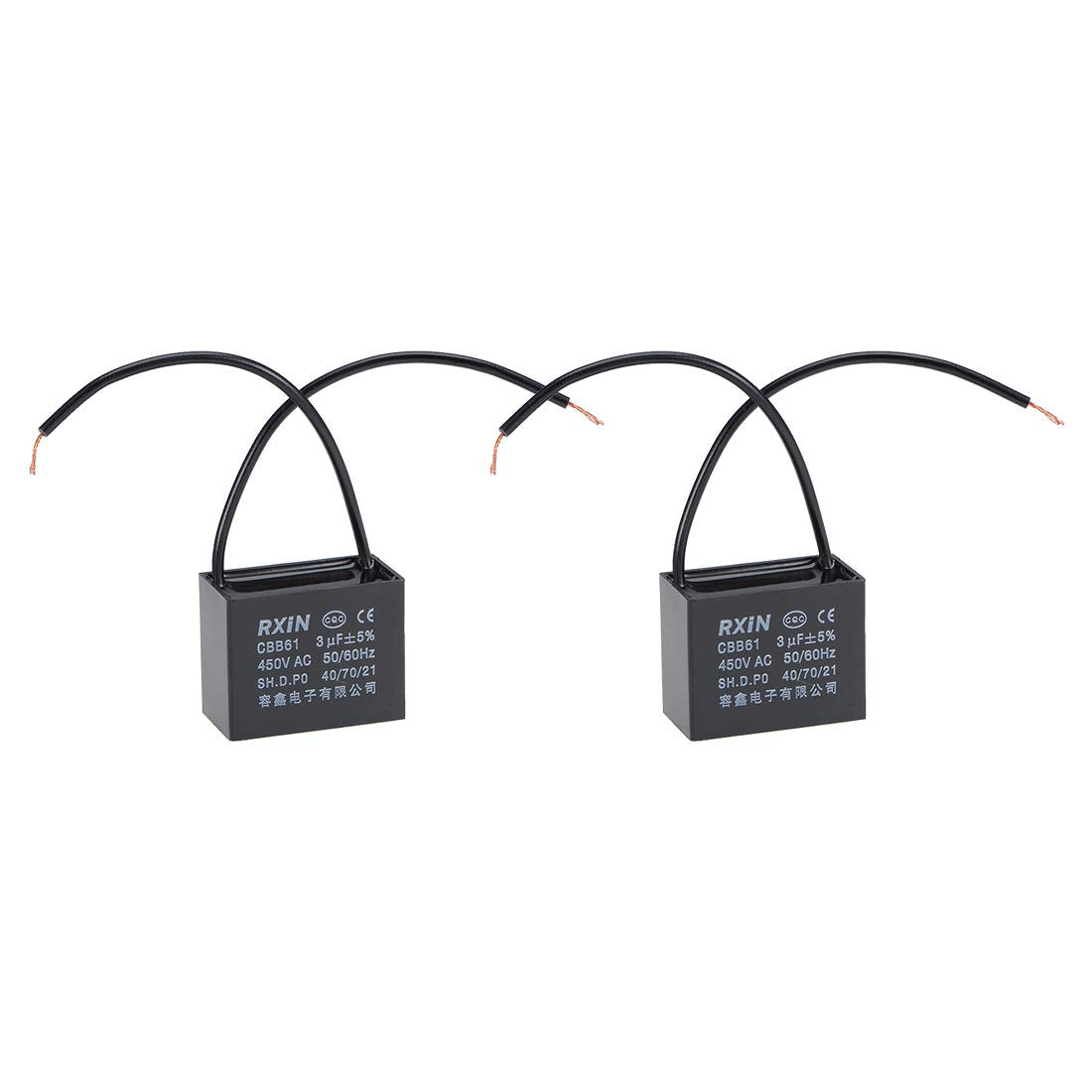 Ceiling Fan Capacitor CBB61 3uF 450V AC 2 Wires Metalized Polypropylene Film Capacitors 38x20x30mm for Water Pump Motor Generator, Pack of 2