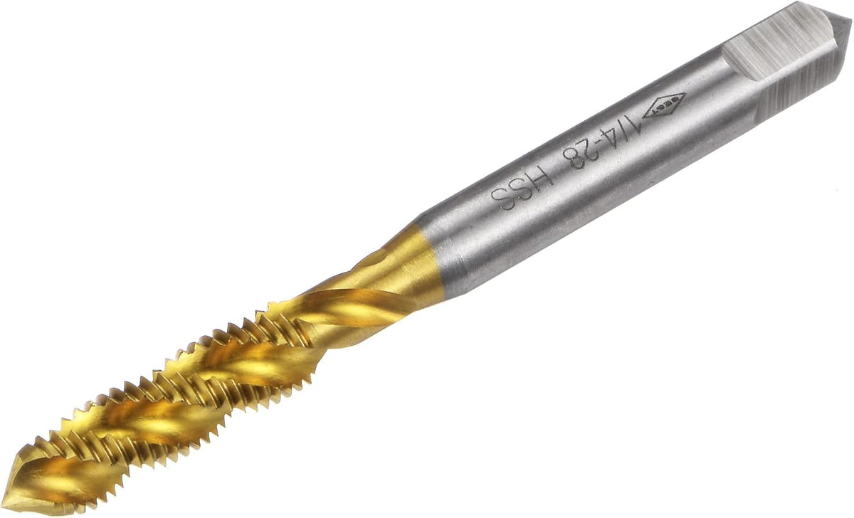 Spiral Flute Threading Tap 1/4-28 UNF, HSS (High Speed Steel) Titanium Plated Machine Thread Screw Tap 3 Flutes Tapping Tool H2 Tolerance