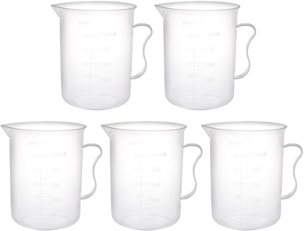 Measuring Cup 250ml PP Plastic Graduated Beaker Clear with Handle for Lab Kitchen Liquids 5pcs