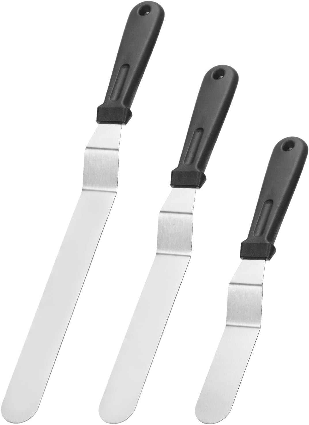3pcs Ijskrabber met 6/8/10 inch roestvrijstalen gebogen mes cake schuin schrapen afgezet slagroomkrabber met plastic greep voor cakeversiering, gladmaken slagroom, zwart