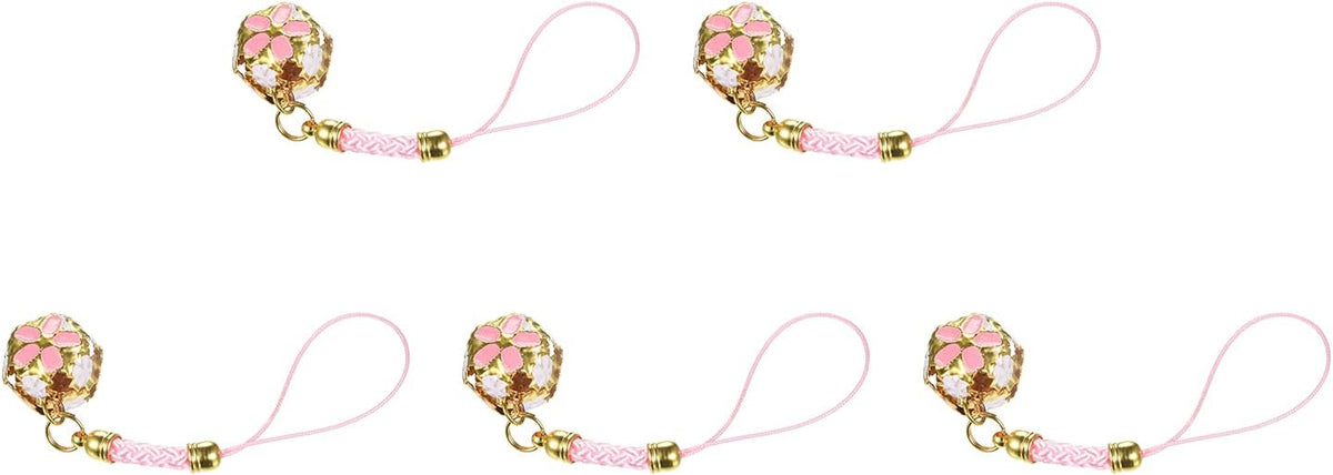 5Pcs Cellphone Strap Pendant, 10.5cm/0.71" Length Pink Jingle Bells Hanging, Carbon Steel Bells Lanyards Cute Charms for DIY Crafts, Backpack, Camera Purse
