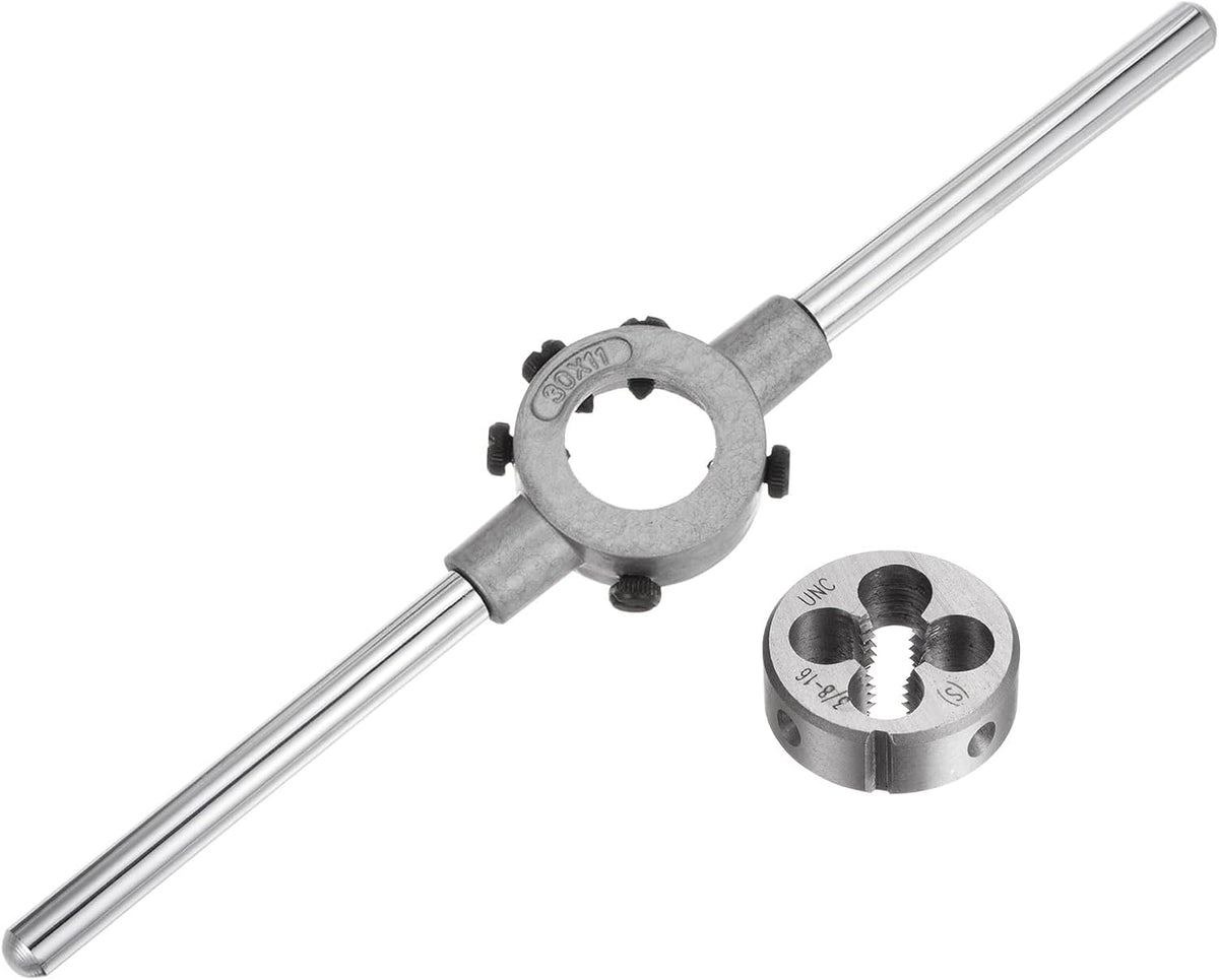 Die Stock Handle Wrench Set, 3/8-16 UNC Round Die and 30mm Die Holder (Fits 3/8"-7/16" (UNC/UNF) / Metric M10-M11 / 30mm OD Dies) for Bolt Thread Repair