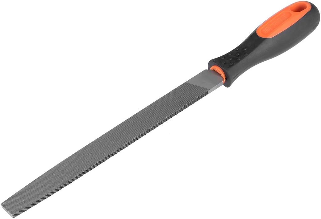 Second Cut Grade High Carbon Hardened Steel Flat Mill File W Rubber Hand Grip Handle, 8-Inch