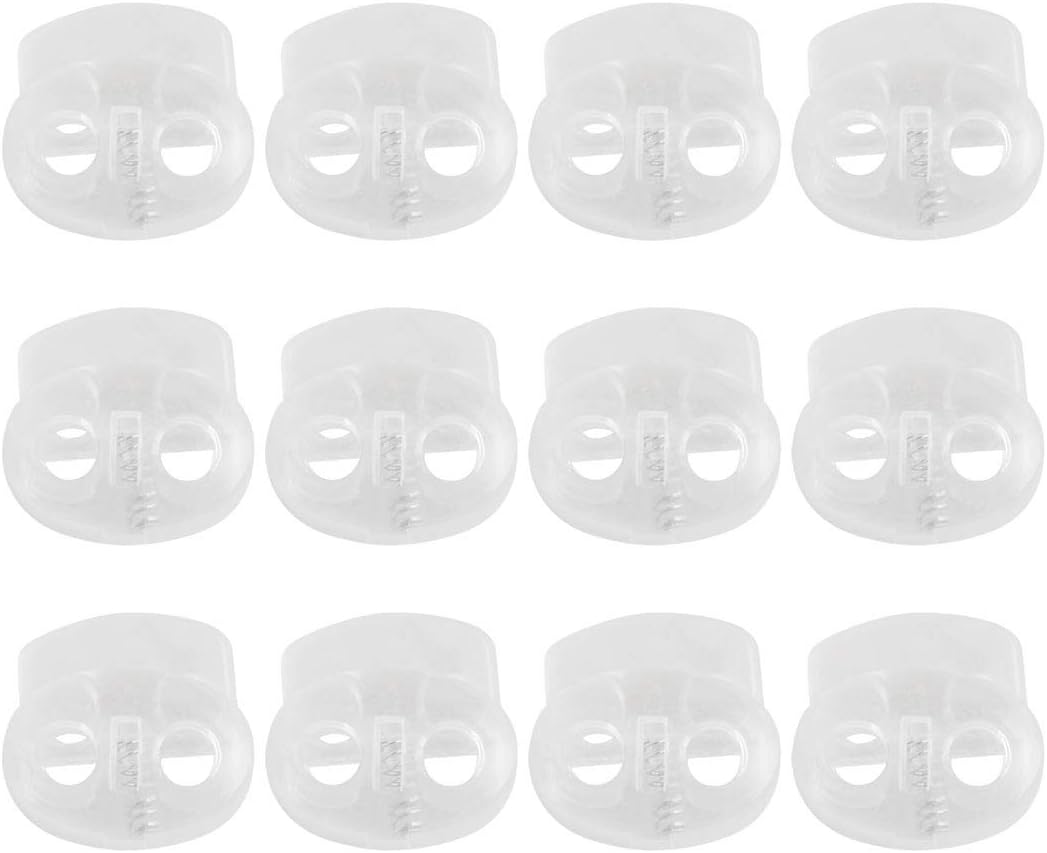 LinkMejor 12 Pcs Plastic Cord Locks Spring Stopper Double Hole Toggle Fastener Stopper Rope End for Drawstrings Shoelaces, Bags, 20 x 19 x 8mm Clear