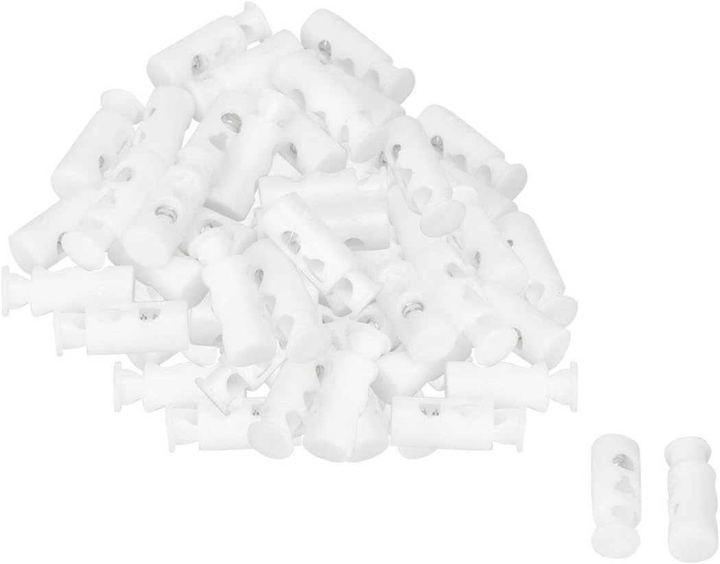 LinkMejor 100pcs Spring Cord Locks Plastic End Stopper Double Holes Toggle Fastener Rope End for Drawstrings, Shoelaces, Tent, Tie-Downs, White