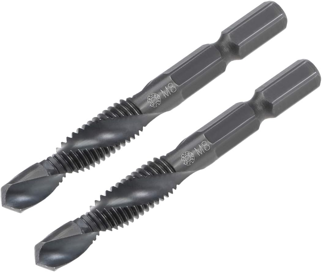 Metric Spiral Machine Screw Tap M8 Thread 1.25 Pitch Countersink Drill Bit H2 Hex Shank HSS 2pcs