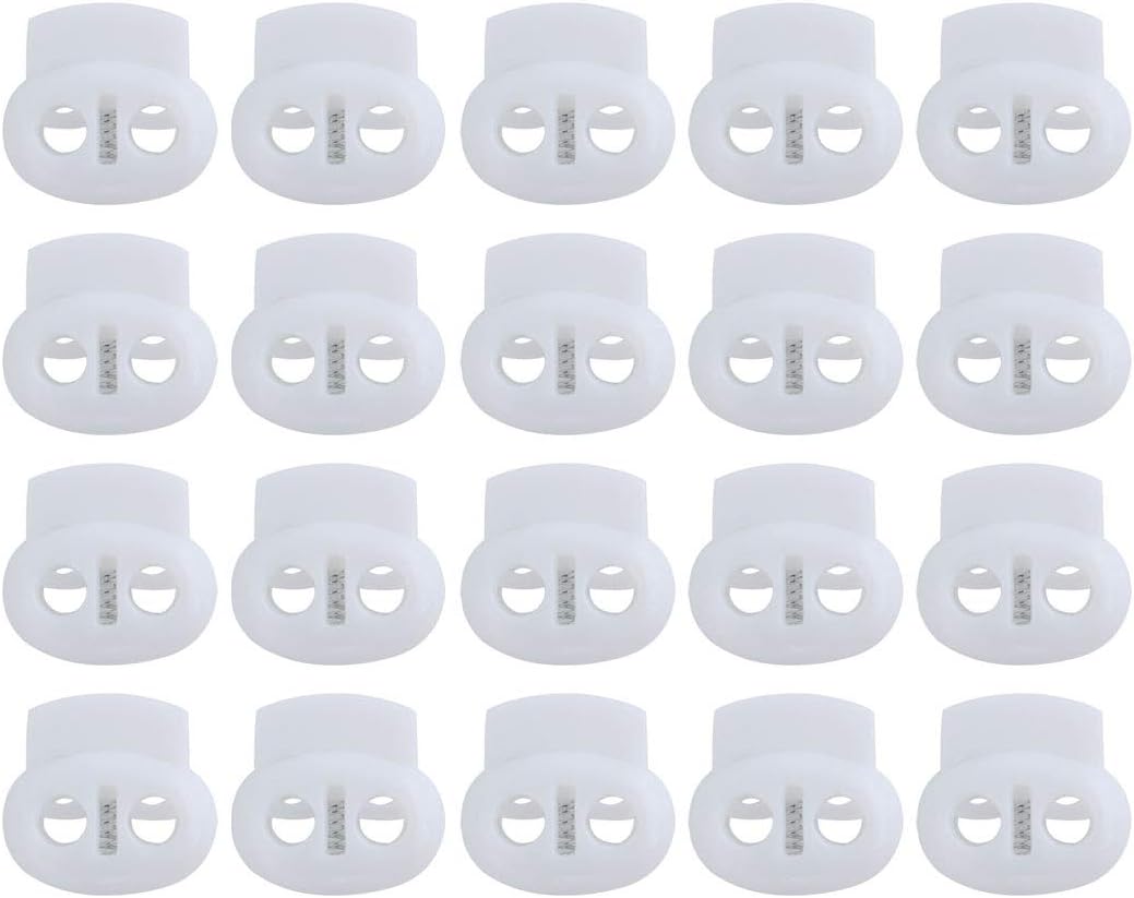 LinkMejor 20 Pcs Plastic Cord Locks Spring Stopper Double Hole Toggle Fastener Stopper Rope End for Drawstrings Clothing, Shoe, Bags, Tie-Downs, 17 x 15mm White