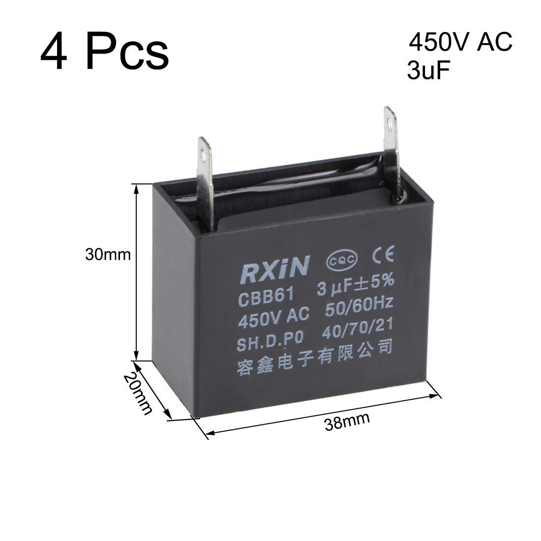 Dachventilator Kondensator CBB61 3uF 450V AC Einlegemetalisierte Polypropylenfolienkondensatoren 38x20x30mm für Wasserpumpenmotor Generator, Packung von 4