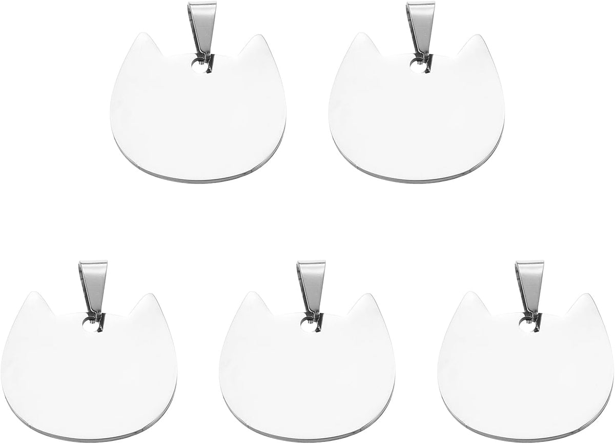 5 Pcs 30mm/1.18 Inch Pointy Ears Cat Blank Stamping Tags, Metal Charm Dog ID Tags for Pet Name Tag Making Crafts Decoration DIY Pendants, Silver