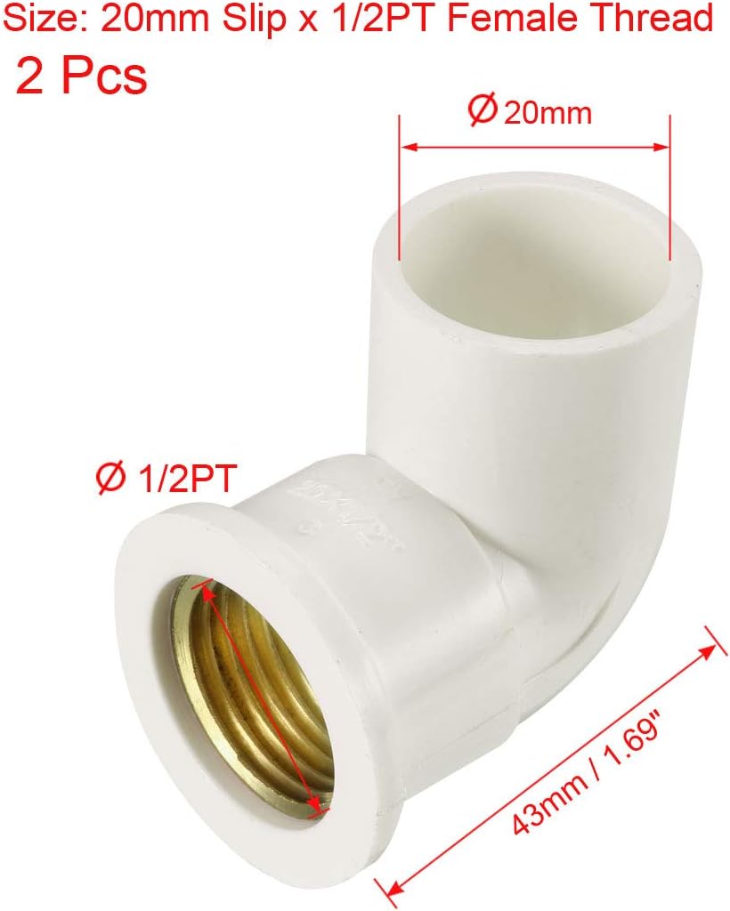 20mm Skrid x 1/2PT Hun Thread 90 Grad PVC Rørforbindelse Bøjning 2 stk