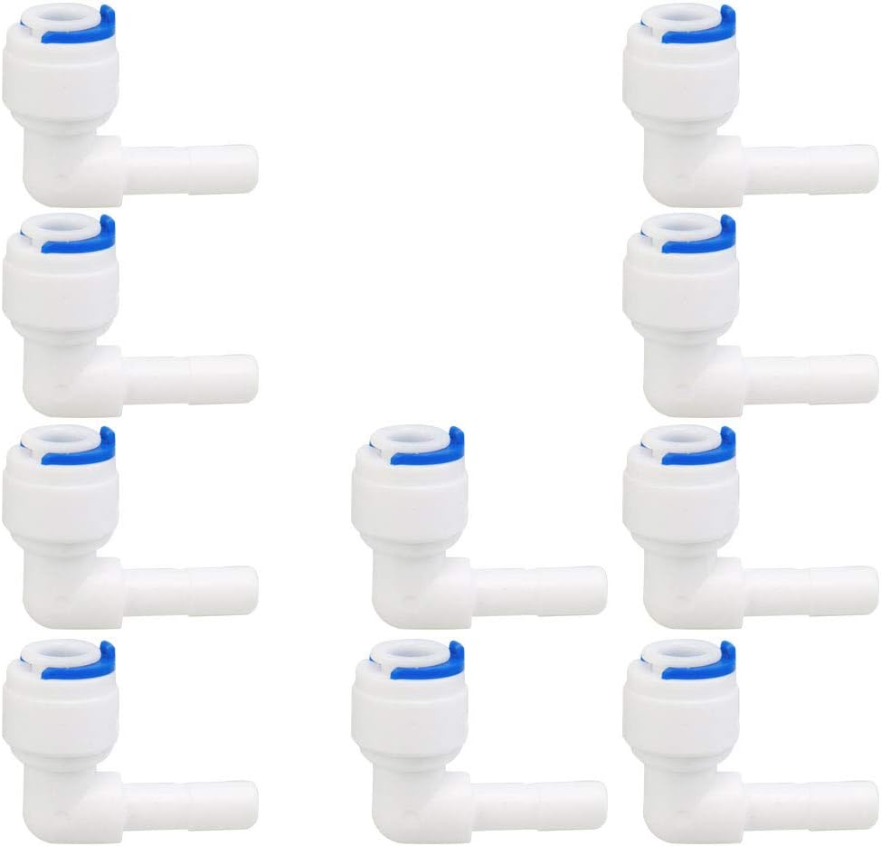 10pcs 1/4 Inch OD Elbow Quick Connect Water Purifiers Tube Fittings Push Connector Water Hose for RO Reverse Osmosis System White Blue