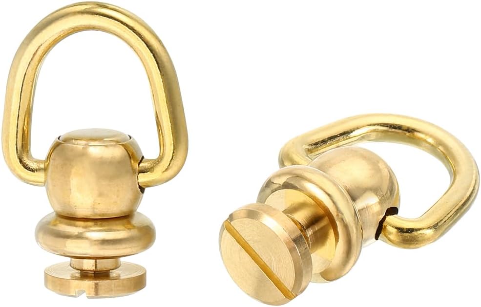 2Pcs Brass Rivets Stud Screw, 13mm Solid Brass D Ring Ball Studs Rivets 360 Rotatable Purse Ball Stud Screw for Purse Belt Handbag, Gold