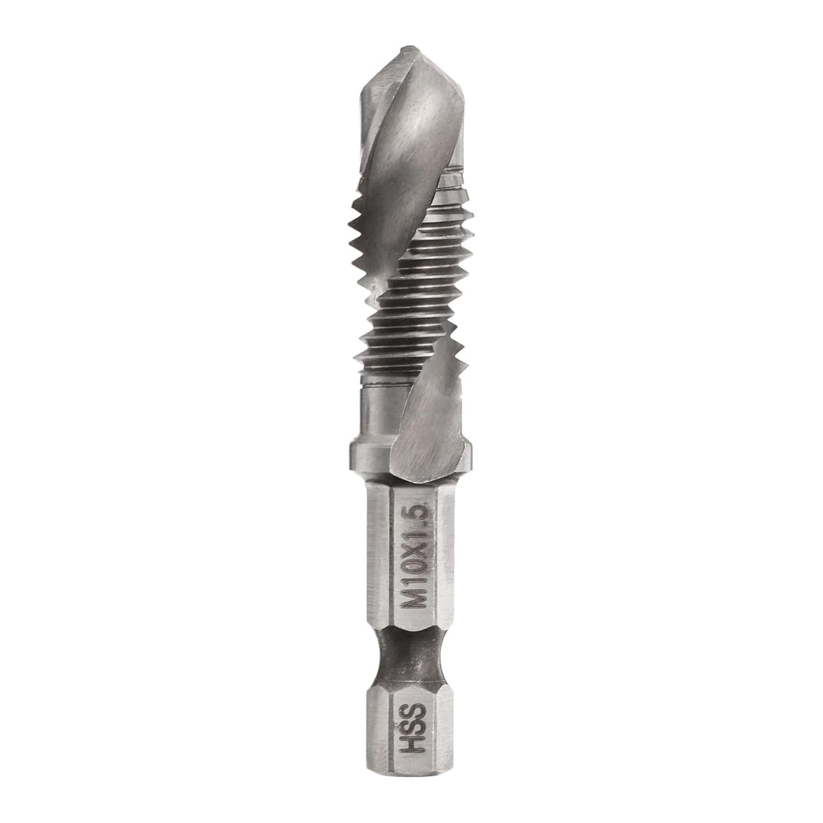 Combination Drill and Tap Bit, Metric M10 x 1.5 Thread 1/4" Hex Shank, Threading Screw Taps Spiral Flute Machine Drilling Tapping Tool, High Speed Steel (HSS) 6542