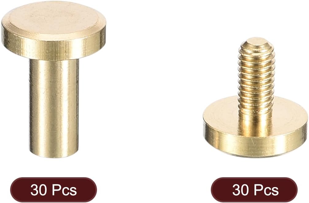 30Pack Brass Chicago Screws, 9x8mm Flat Head Screw Back Binding Post Nail Stud Rivets Fastener for DIY Leather Craft Belt Strap