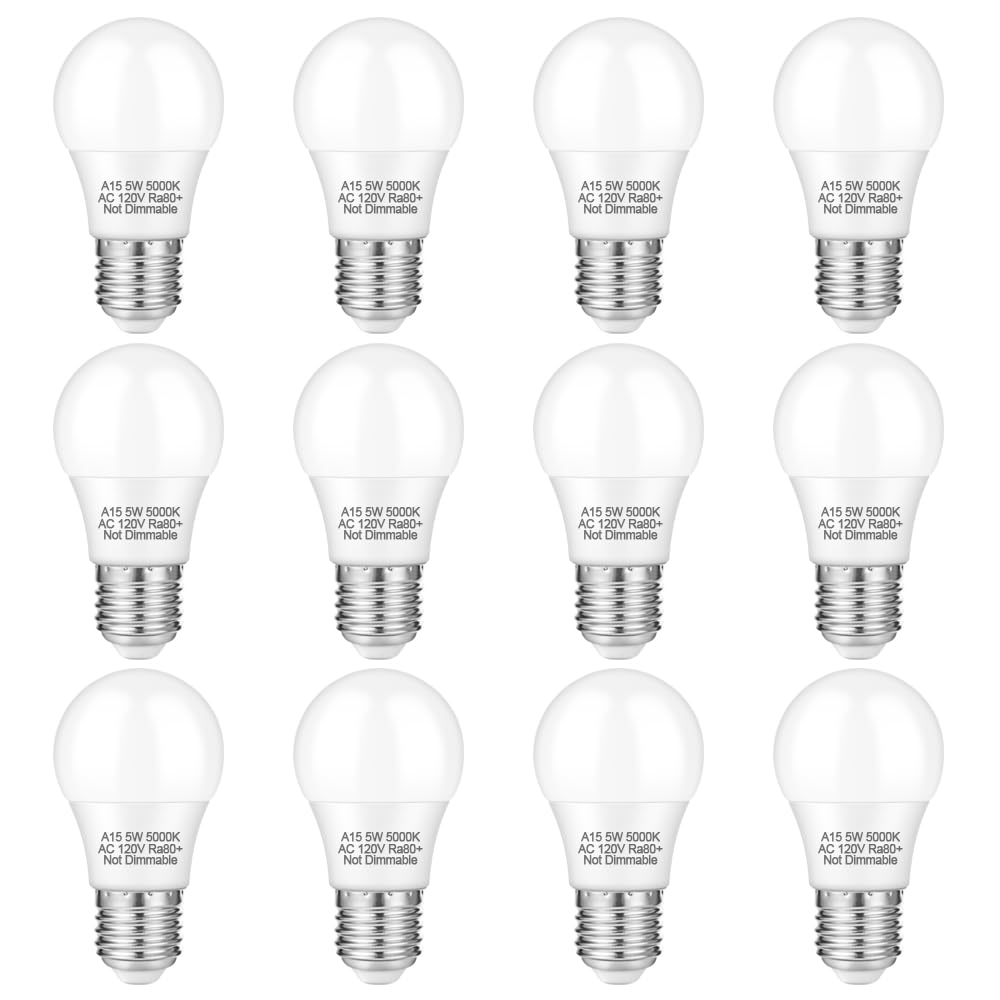 LinkMejor 12 Pack A15 5W 120V E26 Base 5000K LED Refrigerator Light Bulb
