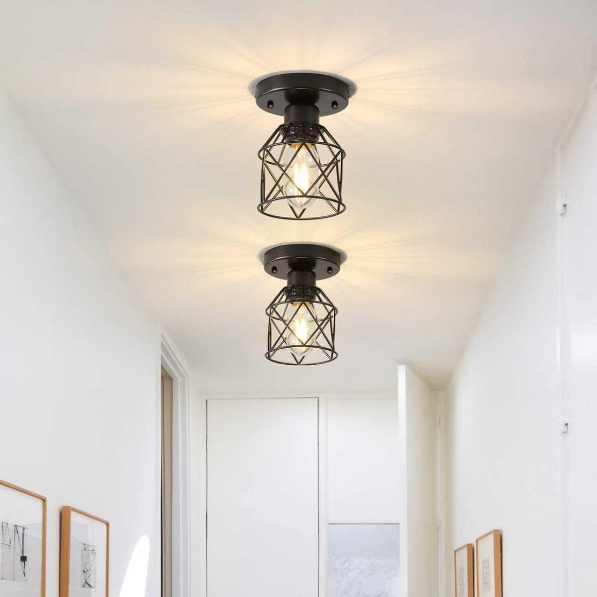 2-Pack Farmhouse Semi Flush Mount Ceiling Light, Black Metal Cage Fixture