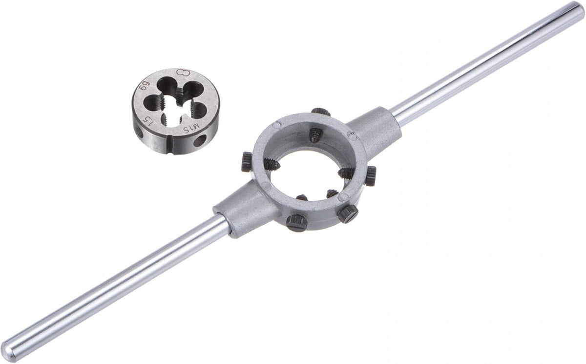 Die Stock Handle Wrench Set, M15 x 1.5 Threading Round Die and 38mm (Fit M12-M16 Dies) Holder Adjustable Wrench Hand Tool