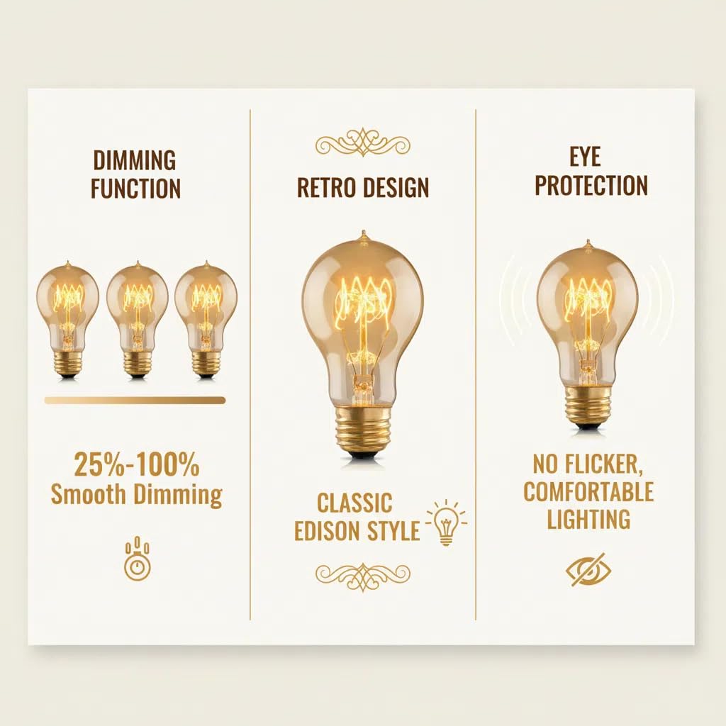 Edison Incandescent Bulb 40W A19 E26 120V 2200K Amber Dimmable 2-Pack