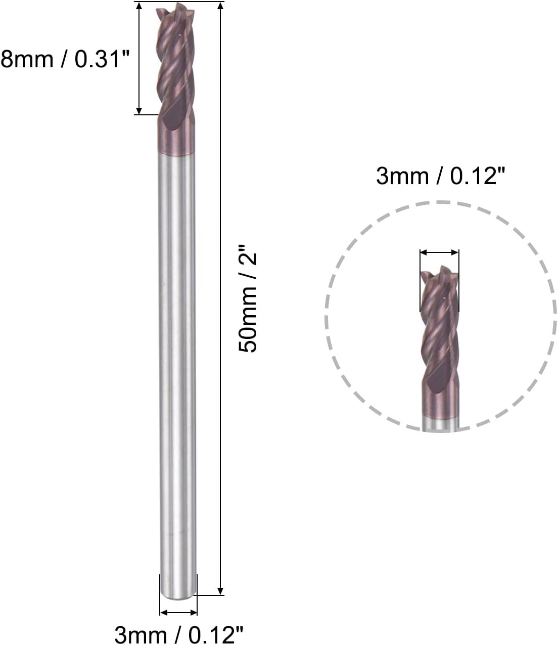 Fresa de Bico Quadrado, Diâmetro de 2,5mm, Carbide Sólido, Revestido com AlTiN, Bocas de 4, Cuscal Espiralado, Cortador de Fresa, HRC55, Com Cabo de 4mm e Comprimento de 50mm (2 polegadas)