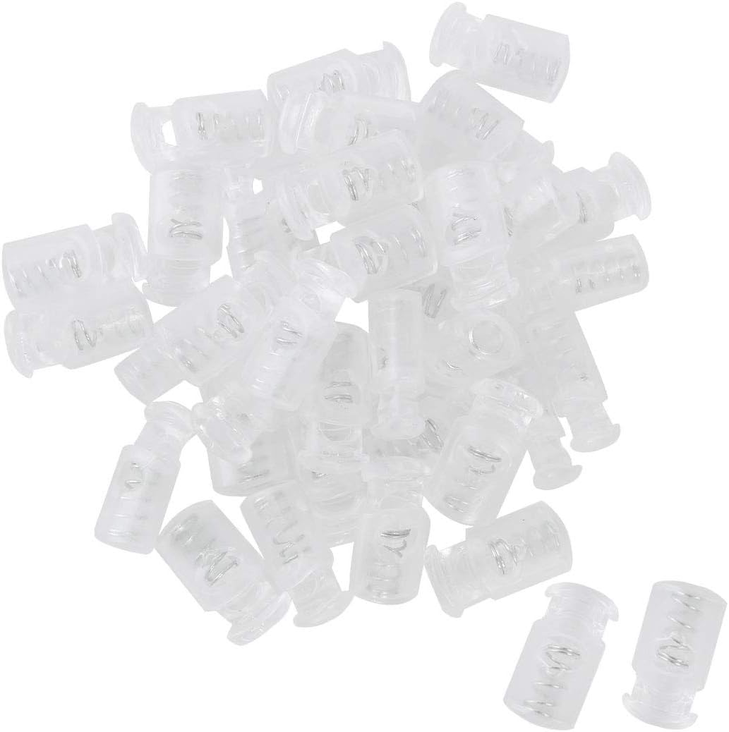 LinkMejor 30pcs Plastic Cord Locks Stopper End Spring Stop Single Hole Toggle Fastener Stopper Rope End for Straps Clothing, Bags, Camping,Silver Clear