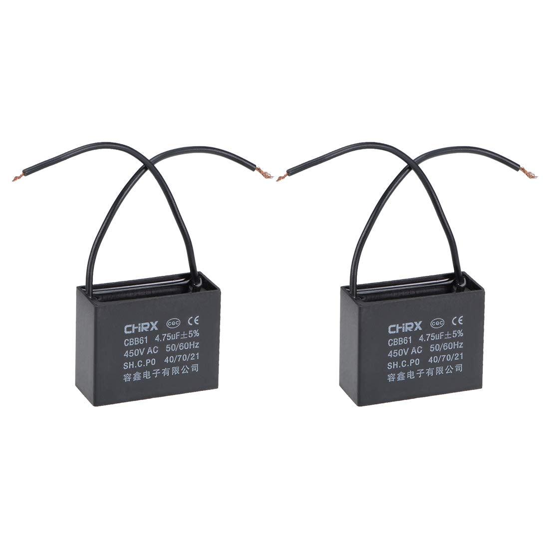 Ceiling Fan Capacitor CBB61 4.75uF 450V AC 2 Wires Metalized Polypropylene Film Capacitors 47x20x37mm for Water Pump Motor Generator, Pack of 2