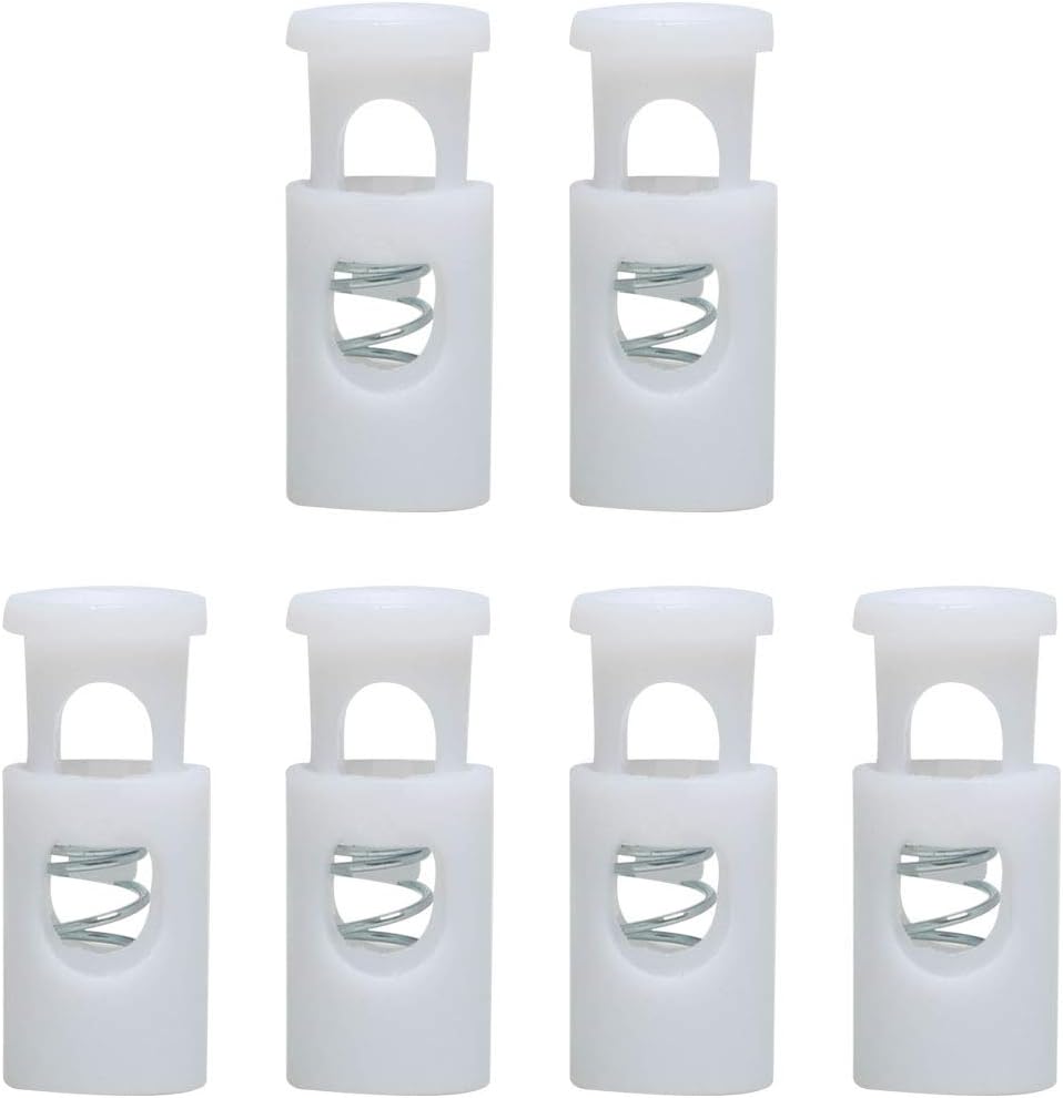 LinkMejor 6pcs Plastic Cord Locks Stoppers End Spring Loaded Single Hole Toggle Fastener Stoppers Rope for Luggage, Shoelaces, Camping, Storage Bag, White