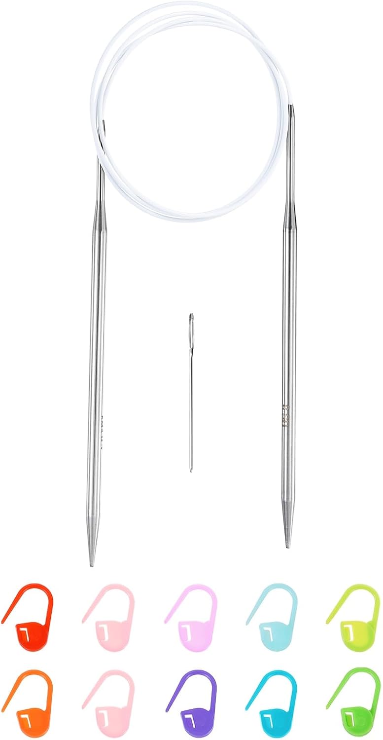 US 8(5mm) Knitting Circular Needle 40 Inch(100cm) Metal Round Stainless Steel Needle with Large Eye Sewing & Stitch Markers for Handmade Projects DIY Knit Blankets