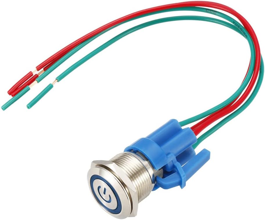Latching Metal Push Button Switch 19mm Mounting Dia 1NO 24V Blue LED Light with Socket Plug Wires