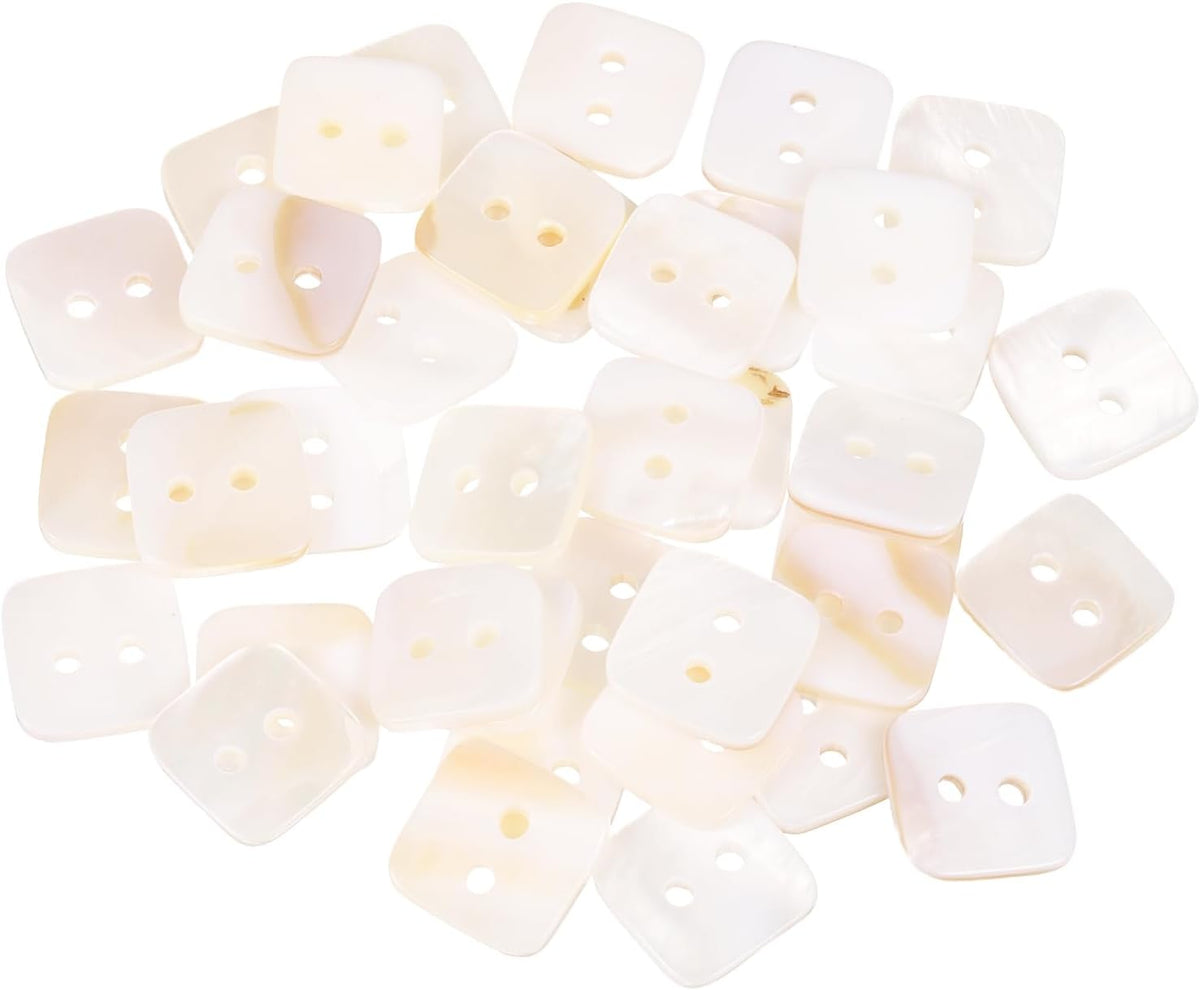 40Pcs Natural Shell Button, 2 Hole 15mm Square Mother of Pearl Buttons for Shirt Coats Suits Jacket Jeans Skirts DIY Sewing Crafts, White