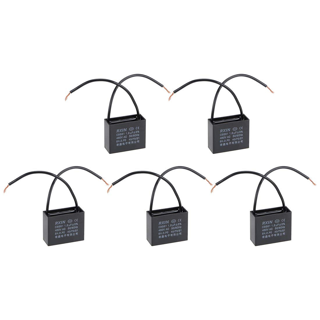 Ceiling Fan Capacitor CBB61 1.8uF 450V AC 2 Wires Metalized Polypropylene Film Capacitors 36.5x16x29.5mm for Water Pump Motor Generator, Pack of 5