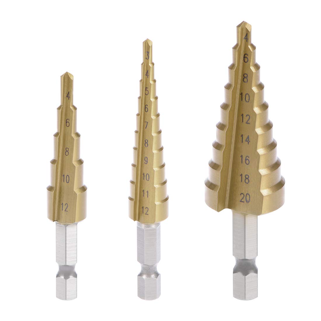Step Drill Bit Set 3-12mm 4-12mm 4-20mm HSS 4241 Titanium Coated Straight Flutes Hex Shank for Metal Wood Plastic